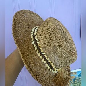 Saks Fifty Avenue vintagr Straw Beach Fedora Hat with Shell Trim - Natural